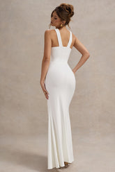 White Cross Over Halter-Neck Split Maxi Dress